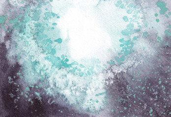 Abstract art watercolor background. Beautiful spotted texture. Teal colored spots on textured gray background. Watercolor painting on textured paper.