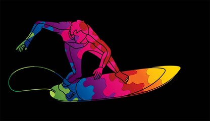 Surfing Sport Man Surfer Action Cartoon Graphic Vector