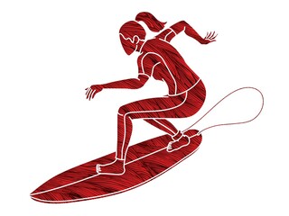 Surfing Sport Woman Surfer Action Cartoon Graphic Vector