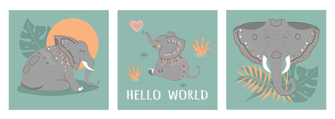 Elephant family posters set, abstract 
jungle. Illustration vector isolated, newborn baby elephant - hello world, mom, dad, tropical leaves, sunset, sunrise. Printing for a nursery or teenage room, se