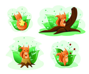 Obraz premium A set of illustrations with cute squirrels. Children's illustration of forest animals.