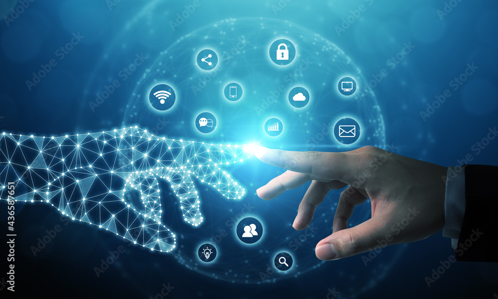 Poster hand of businessman touching hand artificial intelligence meaning technology connection go to future