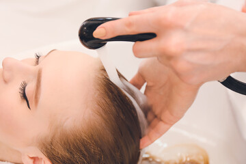 Fototapeta premium Female hairdresser washing hair of client in beauty salon, closeup