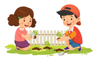 Cute boy and girl happy planting tree. Vector illustration