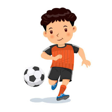 Cute boy playing soccer. Vector illustration