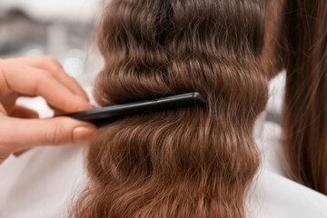 Fototapeta premium Female hairdresser combing curled hair of client in beauty salon, closeup
