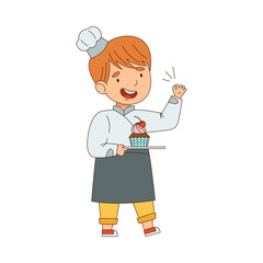 Little Boy Chef in White Toque and Jacket Holding Plate with Sweet Cupcake Vector Illustration