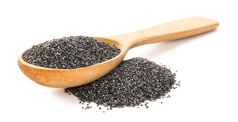 Spoon with poppy seeds on white background