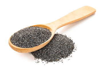 Spoon with poppy seeds on white background