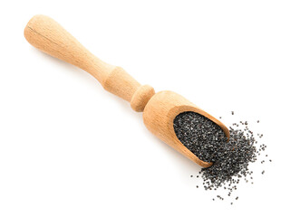Scoop with poppy seeds on white background