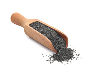 Scoop with poppy seeds on white background