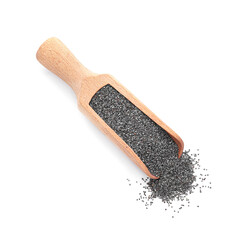 Scoop with poppy seeds on white background