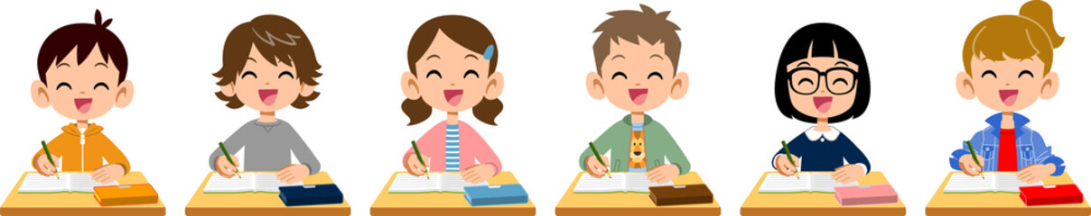 笑顔で授業を受ける小学生の男の子と女の子
