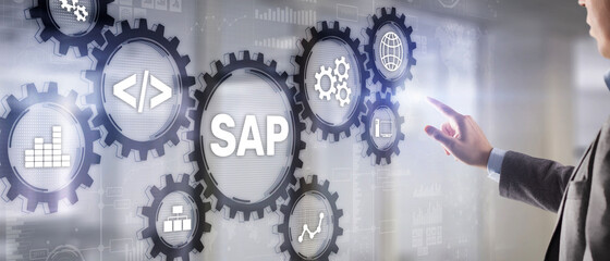 SAP System Software Automation concept. Businessman presses virtual button SAP