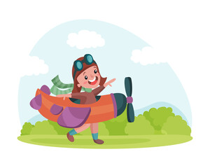 Playful Boy in Goggles with Toy Aircraft Flying and Playing Outdoor Vector Illustration