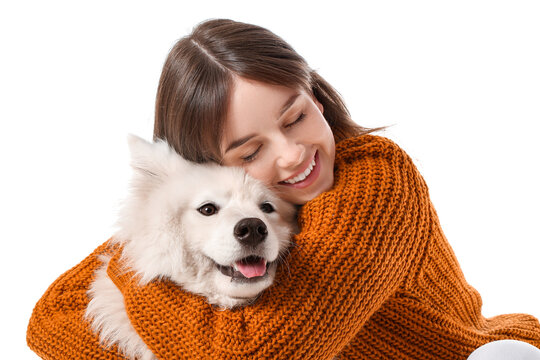 Beautiful Woman With Cute Dog On White Background