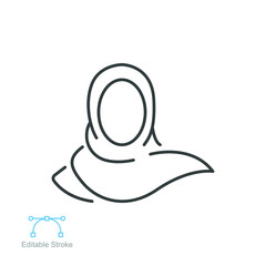 Women hijab icon, saudi arab, lady, female, islam. Beautiful muslim girl avatar. head scarf Eastern Women's Clothing logo. editable stroke. Vector illustration. Design on white background. EPS 10