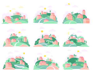 Green Hills with Local Houses as Cozy Cityscape or Urban Landscape Vector Set
