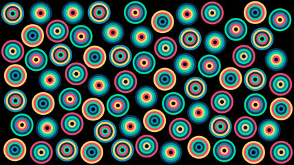 Fototapeta premium Patrón de anillos concéntricos en colores vivos sobre fondo negro y tamaño 4K 2160p