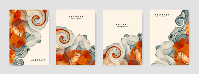 Fototapeta na wymiar Set of original abstract brochure cover layout with orange and grey alcohol ink texture, background for print materials, watercolor texture, twirl effect, booklet template design for business