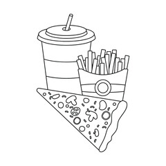 Fast food. Coloring book for children. Hand drawn Outline Cartoon pizza, French fries, and milkshake. Vector illustration for a pizzeria, cafe.