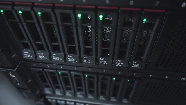 Big High Tech HDD Server Data Center. Chia coin. Video contains noise. Concept 3