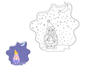 Coloring book for children, hedgehog in a hat and scarf, night, moon. vector isolated on a white background