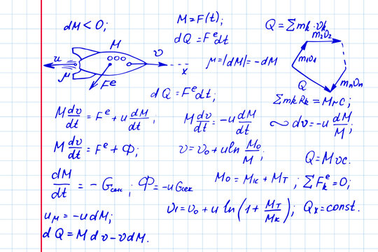 The calculation of the trajectory of a missile. Physical equations and formulas on notebook page. Vector hand-drawn illustration.