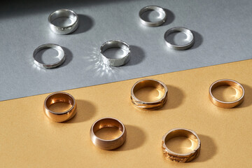 Assortment of sparkling gold and silver wedding rings