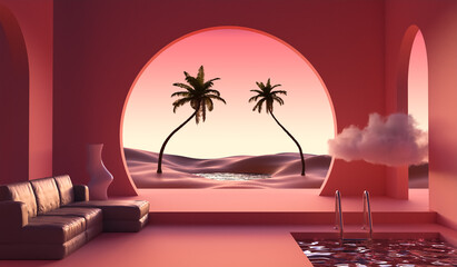 eastern sunset minimal architecture 3d rendering