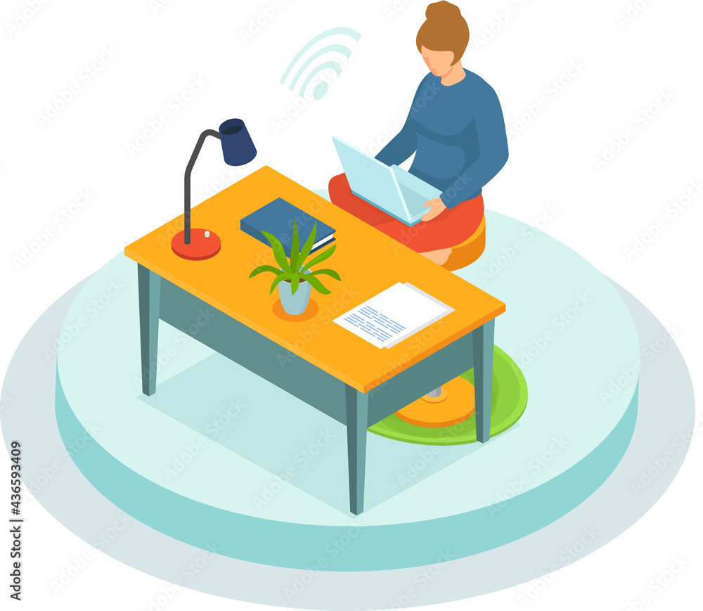 Poster freelancer woman with notebook at table at home does work or is educated remotely use modern technol
