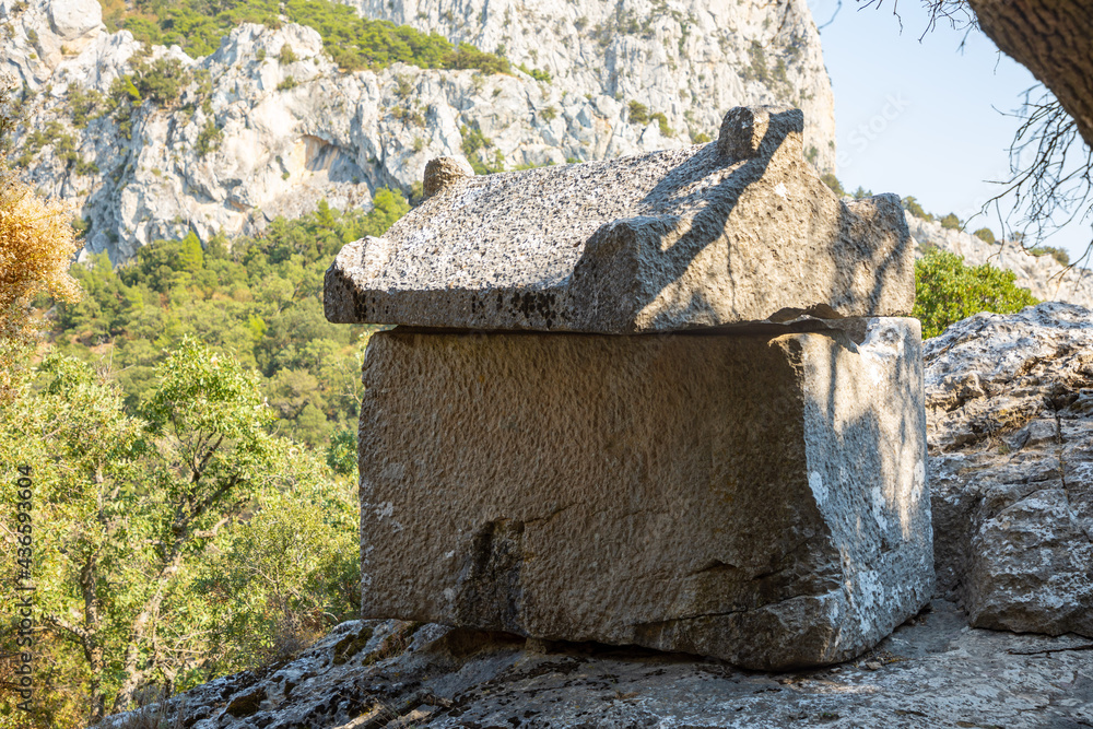 Wall mural destroyed greek tombs and ancient burials in the ancient city of termessos near antalya, turkey