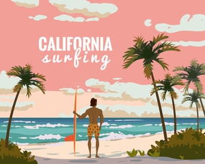 California surfing. Tropical beach summer resort, seashore sand, palms, waves. Surfer van with surfboard. Ocean, sea exotical beach landscape, clouds, nature. Vector illustration retro, vintage