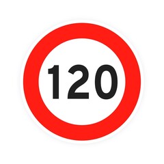 Speed limit 120 round road traffic icon sign flat style design vector illustration isolated on white background. Circle standard road sign with number 120 kmh.