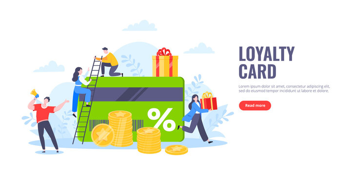 Get loyalty card and customer service business concept flat design vector illustration. Earn loyalty program points and get online reward and gifts. Tiny people with big card and gift box.