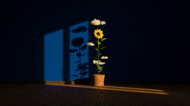 sunflower minimal art room 3d rendering