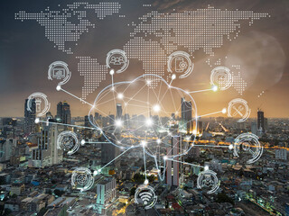 Polygonal brain shape of an artificial intelligence with various icon of smart city Internet of Things Technology over the  bangkok cityscape from top view of building, AI and business IOT concept