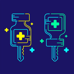 Logo covid-19 vaccine bottle key with cross icon, Vaccination Campaign problem exit concept design illustration blue, green, yellow color isolated on dark blue background