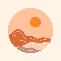 Abstract landscape with sun and mountains. Boho wall art. Hand drawn vector illustration.