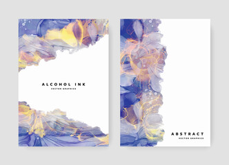 Unique abstract brochure A4 cover layout with blue alcohol ink texture, original background for print materials, booklet template design for business, watercolor texture, gold elements