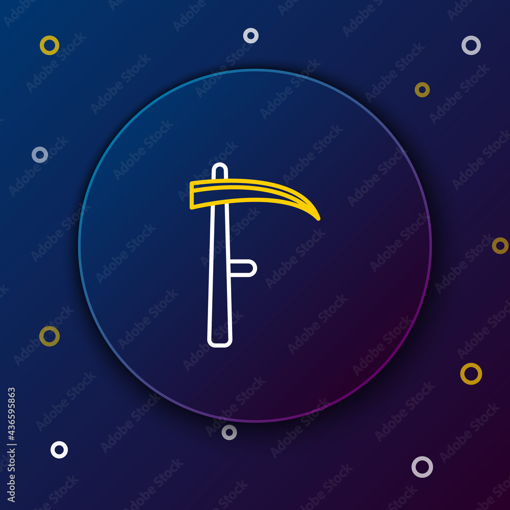 Poster Line Scythe icon isolated on blue background. Happy Halloween party. Colorful outline concept. Vector