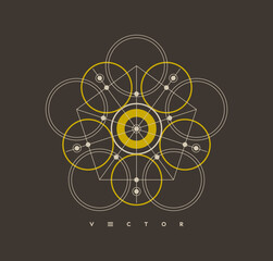 Simple geometric figure like circles and lines. Abstract mechanical scheme. Decoration element. Line art design. Alchemy, religion, philosophy or spirituality symbol. Vector illustration.