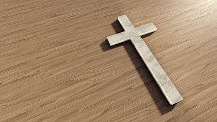 Concept or conceptual white marble cross on a natural wood or wooden deck background. 3d illustration metaphor for God, Christ, religious, faith, holy, spiritual, Jesus, belief, resurection