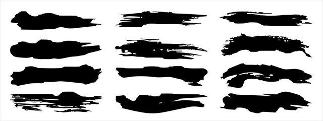 Vector collection of artistic grungy black paint hand made creative brush stroke set isolated on banner background. A group of abstract grunge sketches for design education or graphic art decoration