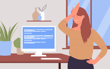 Office worker people in stress vector illustration. Cartoon tired unhappy woman employee character upset with pc error attention symbol and warnings for computer user, problem stress alert background