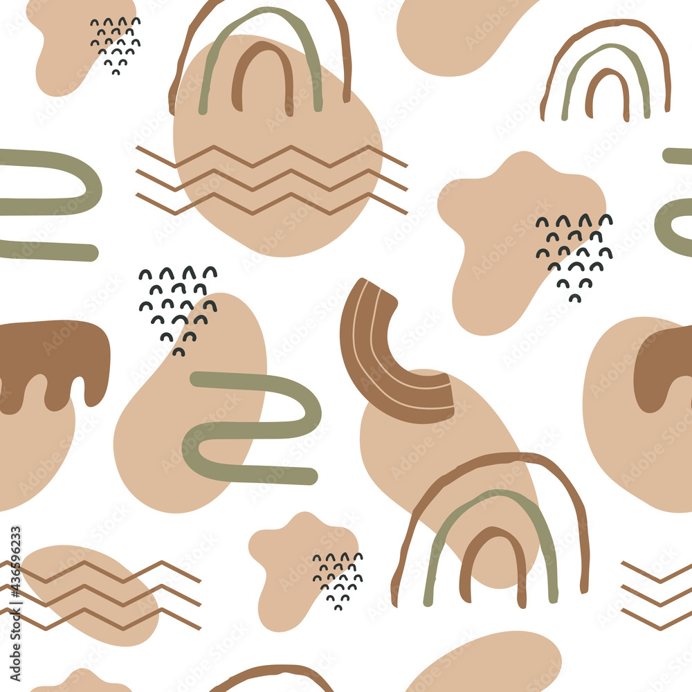 Poster Vector seamless pattern of abstract various shapes and lines on white background. Trendy organic and minimalistic design for textile, banner, cover, wallpaper, fabric design	
