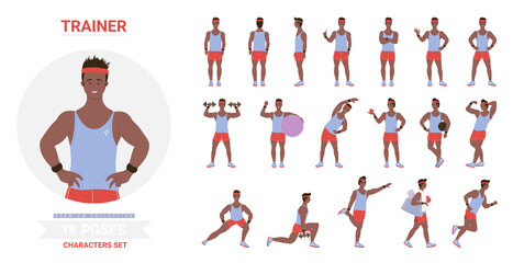African american black sport trainer man poses vector illustration set. Cartoon male character showing muscles, posing ball, dumbbells exercises, training standing running different postures isolated - obrazy, fototapety, plakaty