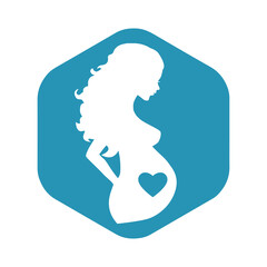 The pregnancy icon. A white silhouette of a pregnant curly-haired girl against a blue hexagon. Vector illustration isolated on a white background for design and web.