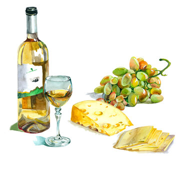Wine bottle, cheese and grape watercolor  painting on white background set for all prints.