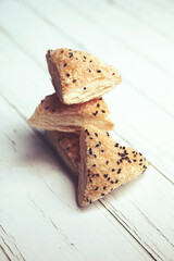 Indian traditional snack Sweet kari veg puff with sesame 
